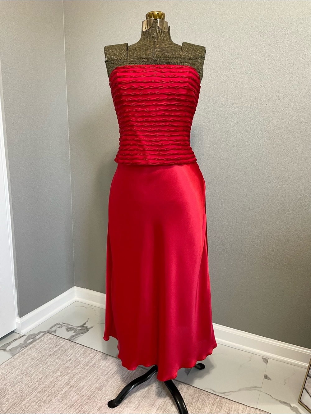 Vintage Y2K Nicole Miller Red Satin Evening Slip Skirt Set Strapless Corset Top